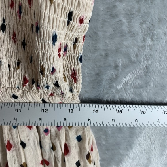 THML Womens Dress S Midi Smocked Geometric Print Ruffle Cap Sleeve Ivory Pockets - Picture 11 of 13